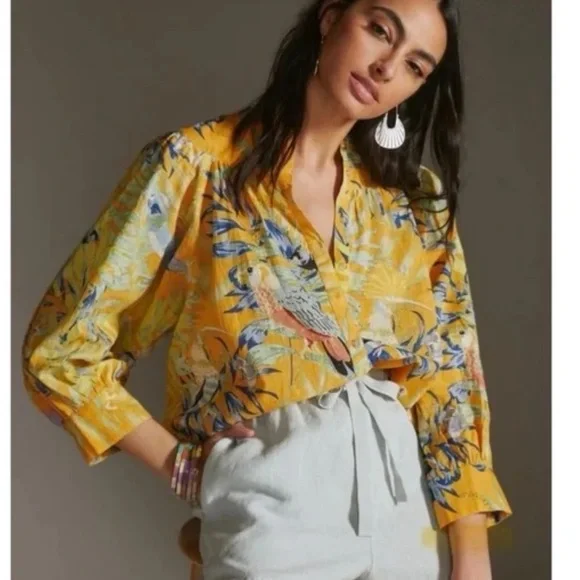 Anthropologie Maeve Yellow Tropical Floral Bird Top Sz L Relaxed Cotton Button - Picture 1 of 14